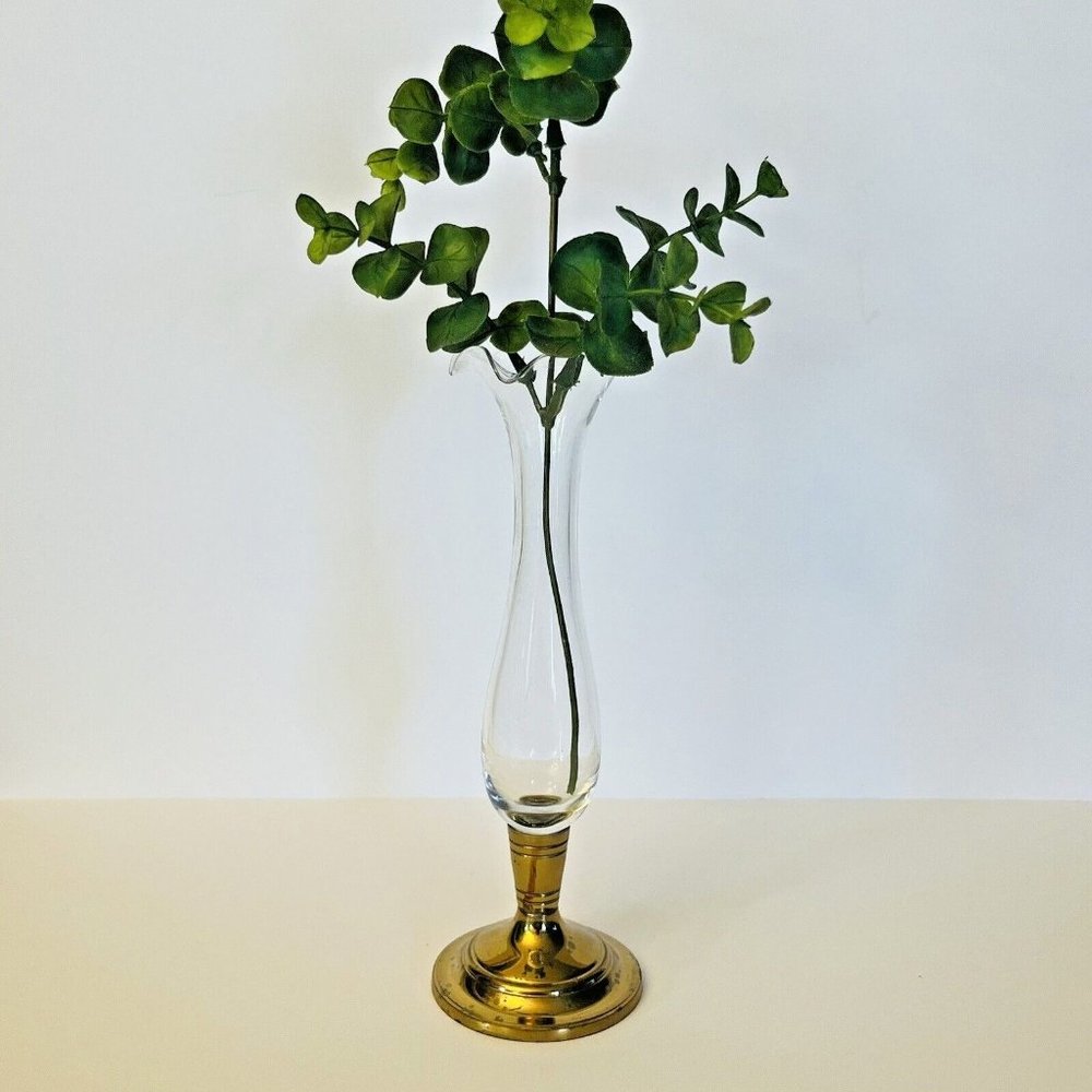 Clear Glass Flower Bud Vase with Ruffled Edges Golden Metal Base footed 8.5" (H)